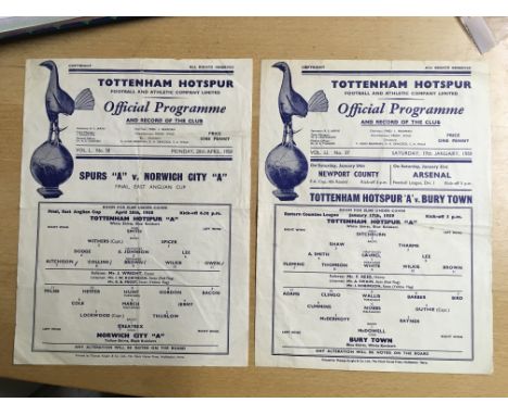 1958 Tottenham A v Norwich A East Anglian Cup Final Football Programme: Dated 28 4 1958. Single sheet has fold and scorers no