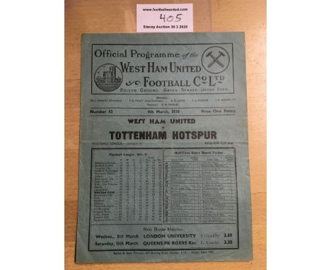 38/39 West Ham v Tottenham Football Programme: Dated 4 3 1939. No team changes but light fold and small ex tape mark inside. 