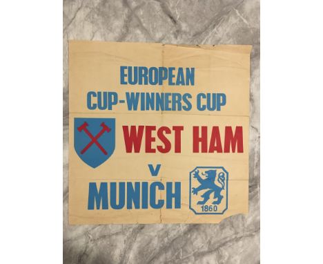 1965 ECWC Final Football Memorabilia: A very rare 20 inch square advertising poster for the match West Ham v TSV Munich which