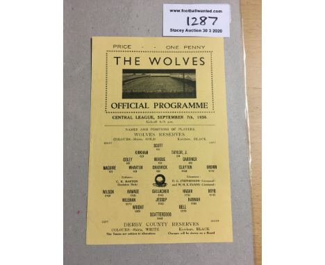 36/37 Wolverhampton Wanderers Reserves v Derby County Football Programme: Excellent condition single sheet from the Central L