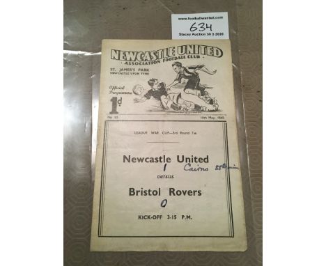 39/40 Newcastle United v Bristol Rovers Cup Football Programme: League War Cup 8 pager dated 18 5 1940. Score and scorers not