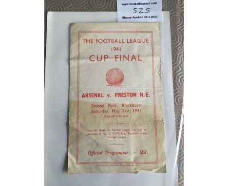 1941 Cup Final Replay Football Programme: Arsenal v Preston played at Blackburn. 4 pager has tiny piece missing from border n