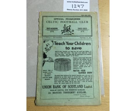 32/33 Celtic v Kilmarnock Football Programme: Fair condition dated 24 9 1932. No team changes but fold and spine is completel
