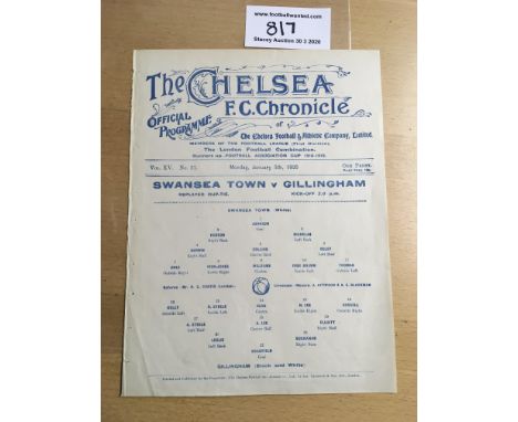 1919/20 Swansea Town v Gillingham At Chelsea FA Cup Replay Football Programme: Dated 5 1 1920 in good condition. Single sheet