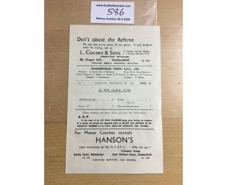 41/42 Huddersfield Town v Middlesbrough Football Programme: Rare season in excellent condition with no writing. Dated 6 9 194