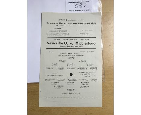 41/42 Newcastle United v Middlesbrough Football Programme: Rare season in excellent condition with no writing. Dated 28 2 194