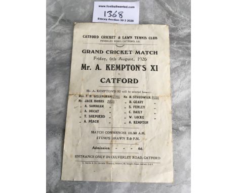 1926 Surrey Signed Cricket Programme: Catford v Kemptons X1 dated 06/08/1926 single sheet. The Kemptons X1 was a Surrey team 