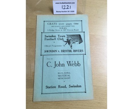 38/39 Swindon Town v Bristol Rovers Football Programme: Dated 18 3 1939 in excellent condition with no team changes.
