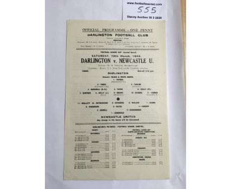 43/44 Darlington v Newcastle United Cup Football Programme: Single sheet dated 18 3 1944 in excellent condition with no writi