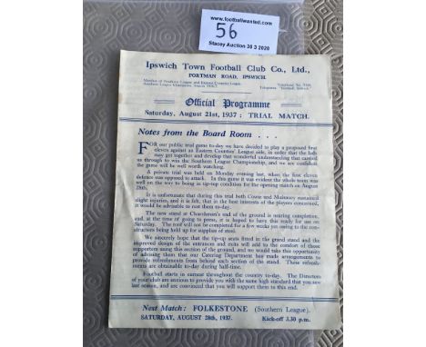 1937 Ipswich Town Public Trial Football Programme: Four pager dated 21 8 1937 in good condition with no team changes.