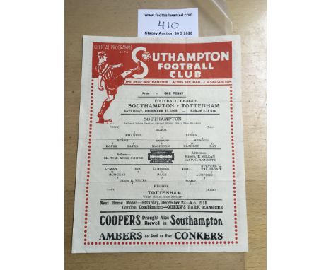 45/46 Southampton v Tottenham Football Programme: Very good condition single sheet with no team changes. Fold. Dated 15 12 19