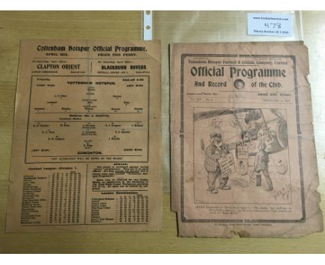 1921/22 Tottenham Hotspur v Edmonton Friendly Football Programme: Dated 20 4 1922 in good condition with light wear to folds 