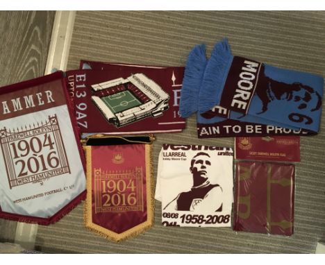 West Ham Football Memorabilia: Large and small Farewell Boleyn pennants and a scarf to match plus a bagged flag to match. Lov