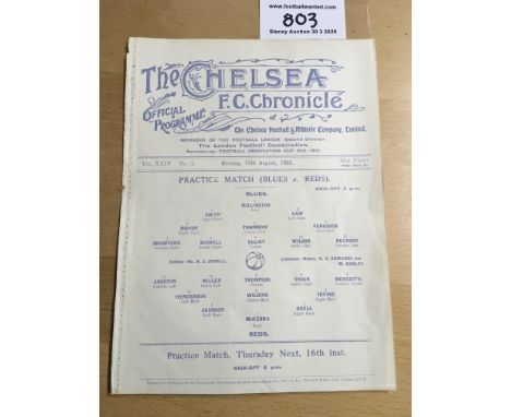 1928/29 Chelsea Practice Match Football Programme: Dated 13 8 1928. Single sheet programme in good condition with no writing.