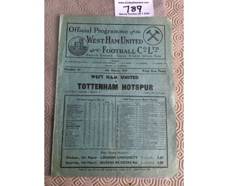 38/39 West Ham v Tottenham Football Programme: Very good condition with no writing dated 4 3 1939.
