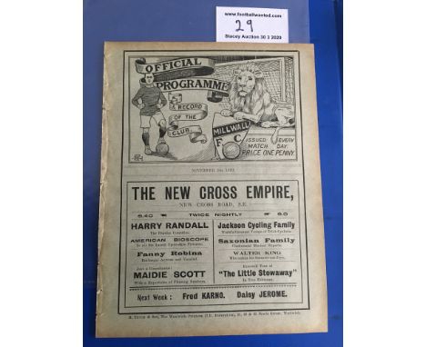 1910/11 Millwall v Swindon Town Football Programme: First team Southern League Division One match dated 5 11 1910. Excellent 