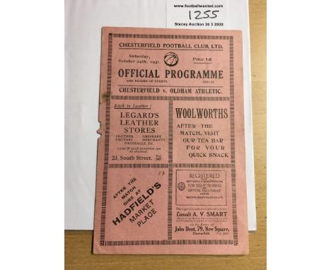 31/32 Chesterfield v Oldham Athletic Football Programme: Second Division match with no team changes. Hole where staple used t