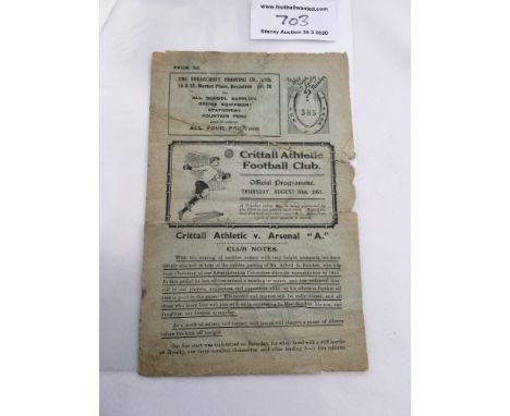 51/52 Crittall Athletic v Arsenal A Football Programme: East Anglian Cup 1st round in poor condition with many tears and crea