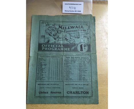 32/33 Millwall v Tottenham Football Programme: Dated 29 10 1932 with no team changes. Tears to centre fold and a bit of wear 
