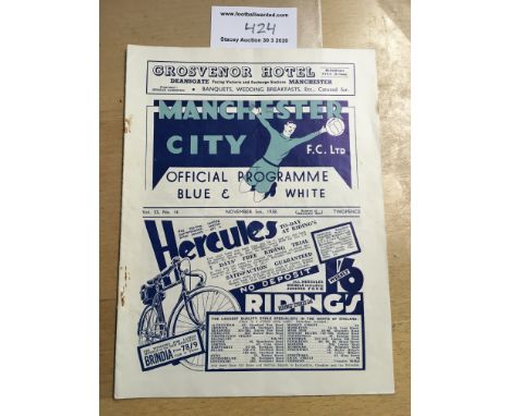 38/39 Manchester City v Tottenham Football Programme: Dated 5 11 1938 with no team changes. Very good with rusty staples hold