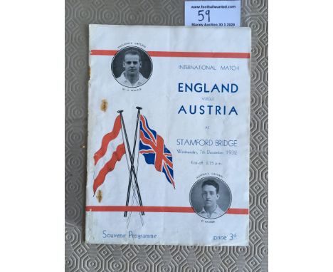 1932 England v Austria  Football Programme: Played at Chelsea. No writing but very rusty staples and bit of scuffing near spi