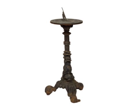 A cast iron sundial, Victorian case with later top. 83cm