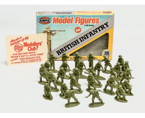 A vintage Airfix British Infantry Model Figures. 28 pieces. 1/32 scale. Original box. 