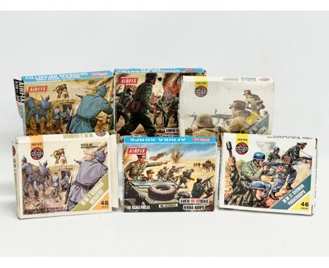 6 boxes of vintage Airfix HO-OO scale soldiers. Airfix WWII German Infantry. 2 boxes of Airfix Afrika Korps. Airfix WWI Germa