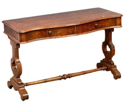 A Victorian mahogany Serpentine front side table with 2 drawers and stretcher support. 115x51x72.5cm 