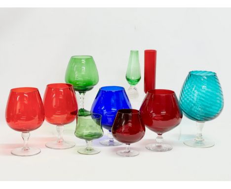 A collection of Mid 20th Century Art Glass brandy glass vases etc. mostly Empoli. 25x26cm. Pair measures 12x22cm. Japanese So