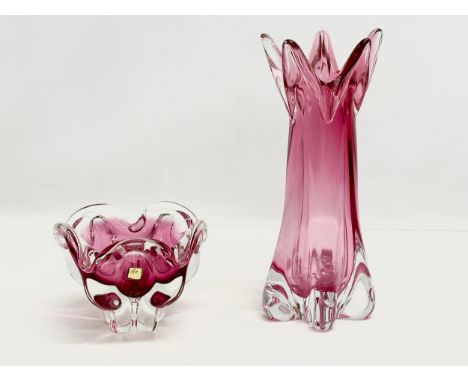 2 pieces of Bohemian Glass designed by Josef Hospodka. A bowl 15x16x12cm. Vase 30.5cm 