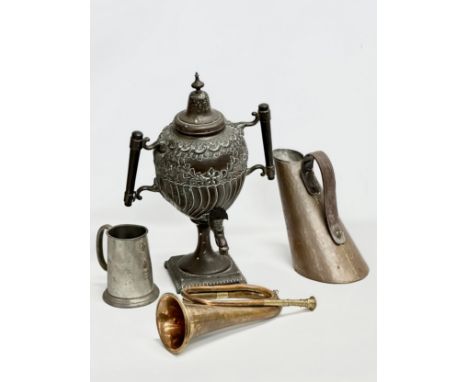A job lot. A 19th Century copper samovar 27x43cm. A Boosey &amp; Co bugle etc 