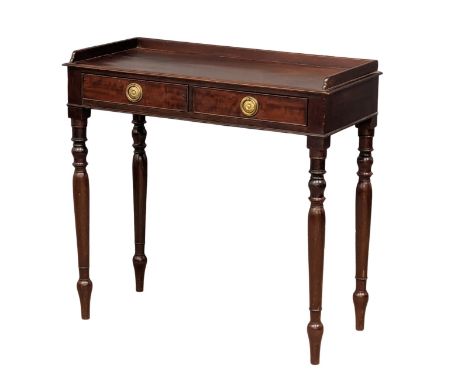 A Victorian mahogany gallery back hall table with 2 drawers with turned tapering legs. 79.5x38x78cm 