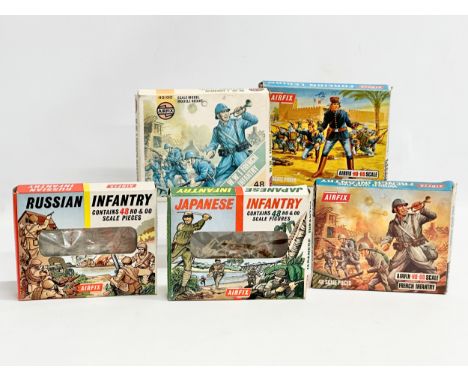 5 boxes of vintage Airfix HO-OO scale soldiers. Airfix Russian Infantry. Airfix Japanese Infantry. 2 boxes of Airfix French I