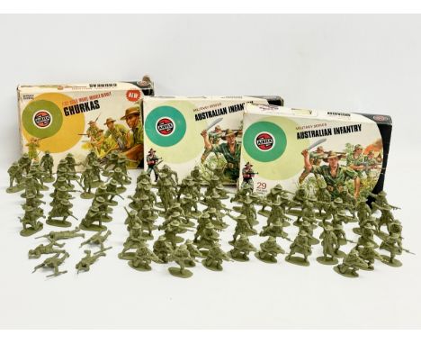 3 boxes of vintage Airfix WWII soldiers. Airfix Ghurkas, 1/32 scale. 2 boxes of Airfix Military Series Australian Infantry, 2