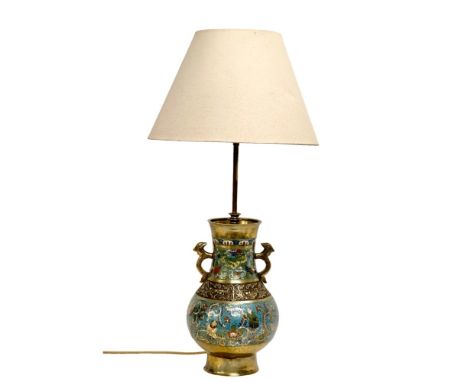 A large Late 19th Century Chinese brass and Cloisonné converted table lamp. 21x82cm 