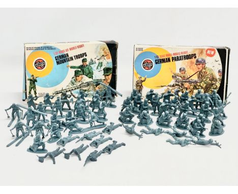 2 boxes of vintage Airfix WWII German model soldiers. Airfix German Mountain Troops, 1/32 model kit. Airfix German Paratroops