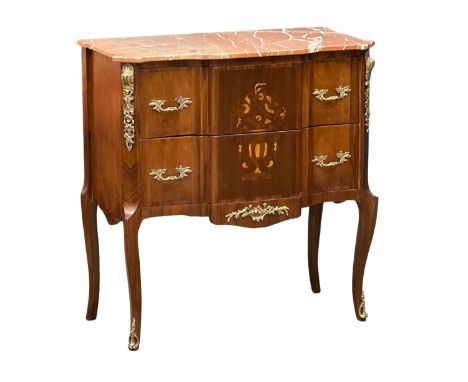 A French 18th Century style inlaid chest of drawers with brass ormolu mounts and marble top. 83x43x86.5cm 