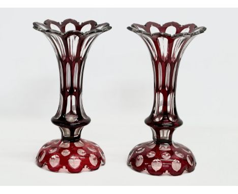 A pair of Late 19th Century Bohemian Ruby glass vases/lustres. 16x28cm 