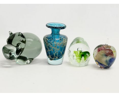 3 art glass paperweights and vase. An Mdina vase designed by Michael Harris 12cm. A Ngwenya Glass hippo paperweight 13cm 