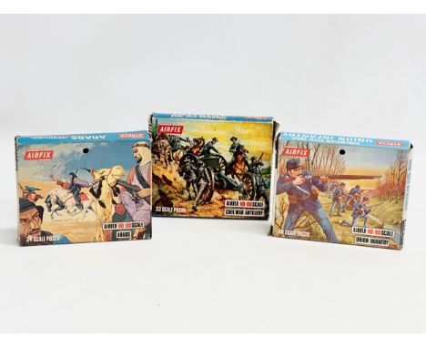 3 boxes of vintage Airfix HO-OO scale soldiers. Airfix Union Infantry. Airfix Civil War Artillery. Airfix Arabs. 