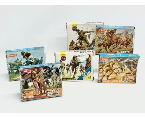 6 boxes of vintage Airfix HO/OO scale WWII soldiers. Airfix RAF Personnel. Airfix USAF Personnel. Airfix WWII Eighth Army. Ai