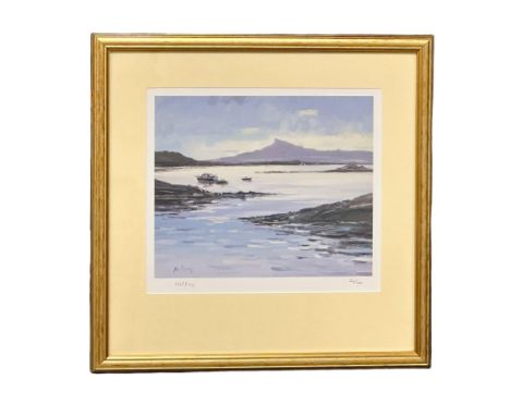 A signed Limited Edition print by renowned Scottish artist Robert Kelsey. Small Boats at Arisaig. 26/100. 50.5x49.5cm 