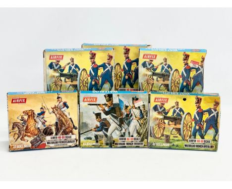 6 boxes of vintage Airfix HO-OO scale Waterloo French soldiers. 4 boxes of Airfix Waterloo French Artillery. Airfix Waterloo 