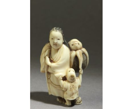 A mid 19th century Japanese netsuke from Edo period. Signed Koju with a kakihan on the back. In carved elephant tusk portrayi