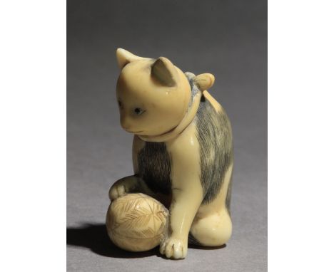 A mid 19th century Japanese netsuke from Edo period. Not signed. In carved elephant tusk portraying a cat sat on the floor pl