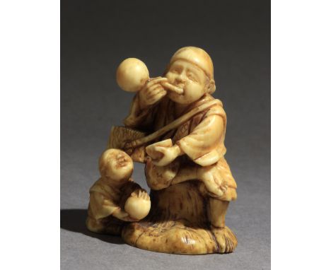 A late 19th century Japanese netsuke from Meiji period. Signed Kogyoko on a red kanji on the base. In carved elephant tusk po