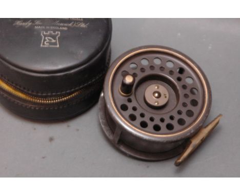 A Hardy The Golden Prince First Edition salmon fly reel, line 9-10, Serial No. 725, 3.75", with Hardy leatherette pouch. 