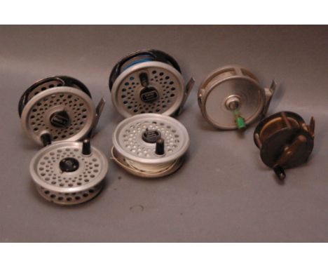 3 trout fly reels and a vintage reel, Leeda rim fly, 3.5", with spare spool, Leeda rim fly 2, 3.75", with spare spool, Japane