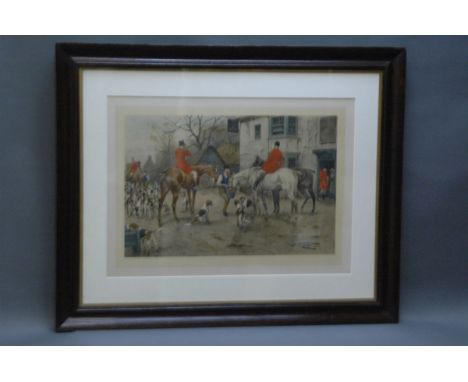 George Wright, early to mid 20th century print depicting foxhunters and hounds outside The Falcon Inn.  30 cm x 45 cm, framed